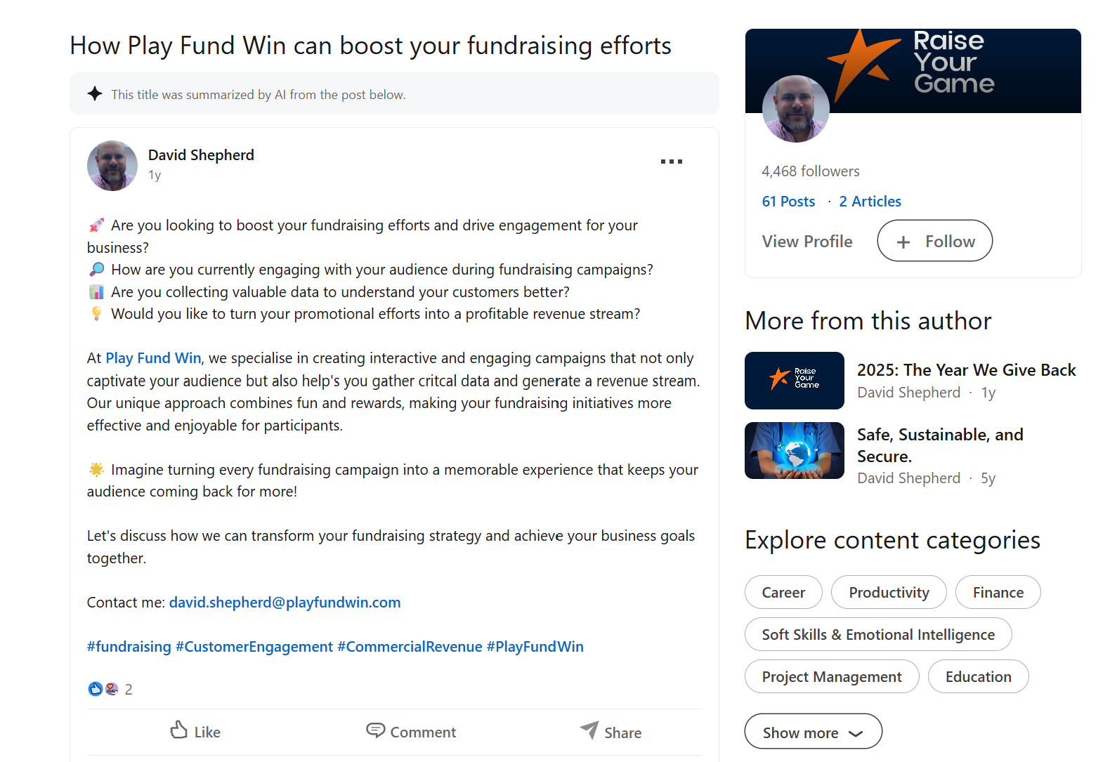 Screenshot of David Shepherd LinkedIn post referencing Play Fund Win