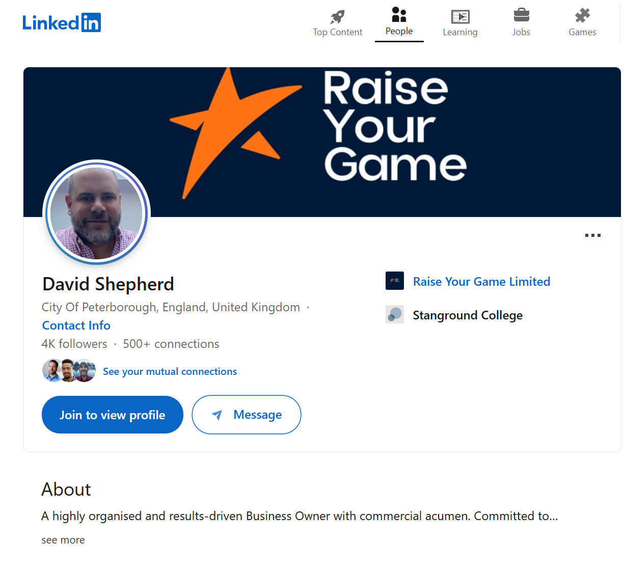 Screenshot of David Shepherd LinkedIn profile showing Raise Your Game Limited marker